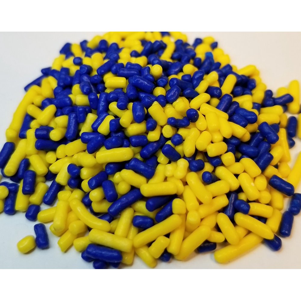 Dark Blue and Yellow Jimmies Edible Sprinkles 4 oz Packaged in a