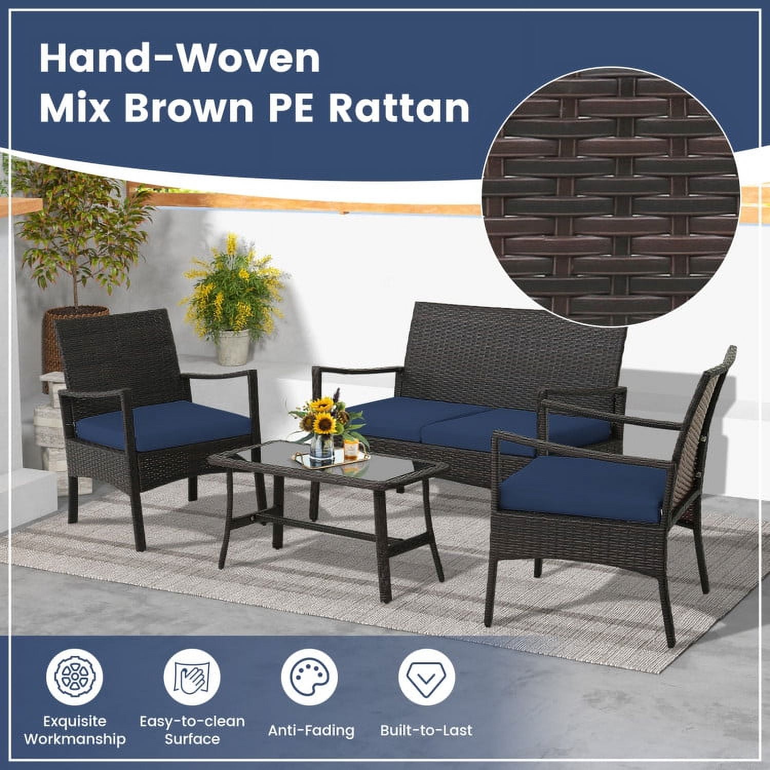 Aimee Lii 4 Pieces Rattan Conversation Set, Patio Table and Chairs Set, Outdoor Patio Set with Tempered Glass Coffee Table, Navy Aimee Lii 4 Pieces Rattan Conversation Set, Patio Table and Chairs Set, Outdoor Patio Set with Tempered Glass Coffee Table, Navy