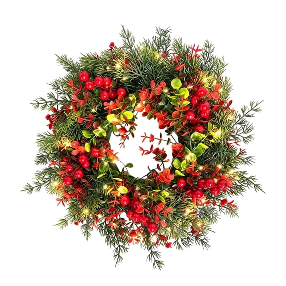 Lighted Christmas Wreath For Front Door, Artificial Greenery Wreath With Pine needles And Warm LED Lights, for Indoor Outdoor Christmas Holiday Porch Wall Mantel Home Decor