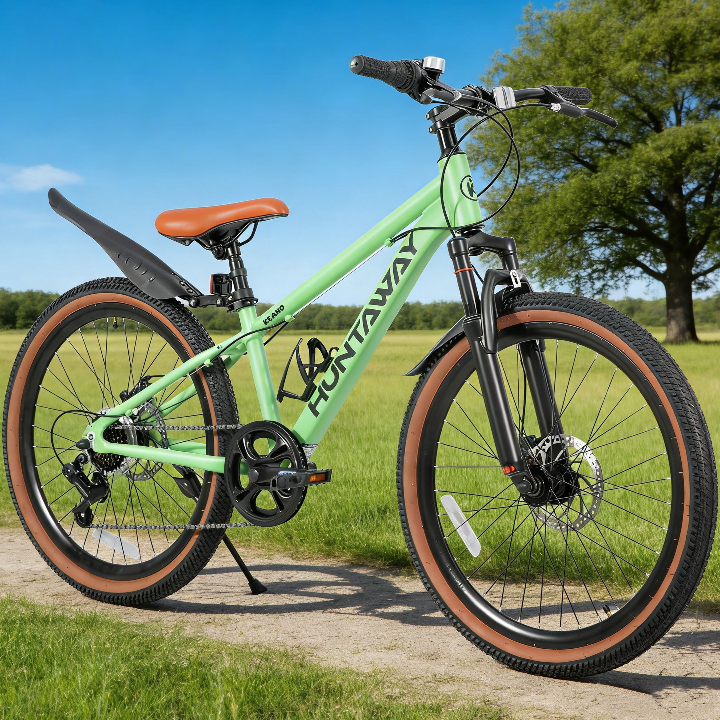 KEANO Huntaway 24 Inch Kids Mountain Bike for Boys Girls Ages 8-12, 7-Speed Kid Bicycle with Lightweight Alloy Frame, Dual Disc Brakes, Green