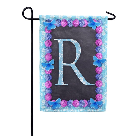 America Forever Spring Monogram Garden Flag Letter R 12.5 x 18 inches Double Sided Vertical Outdoor, Yard, Lawn, Decorative Seasonal, Hydrangeas, Blue Butterflies Bees Summer Floral Garden Flag
