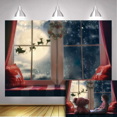 Image of 7×5FT Christmas Backdrop Winter Snowflake Window Moon Reindeer Santa Wreath Christmas Decorations Indoor