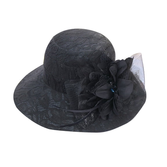 PoureLoom Women's Elegant Lace Dress Hat, Wide Brim Floppy Church Hat with Satin Flower Tulle, Derby Wedding Tea Party Sun Hat Black One Size