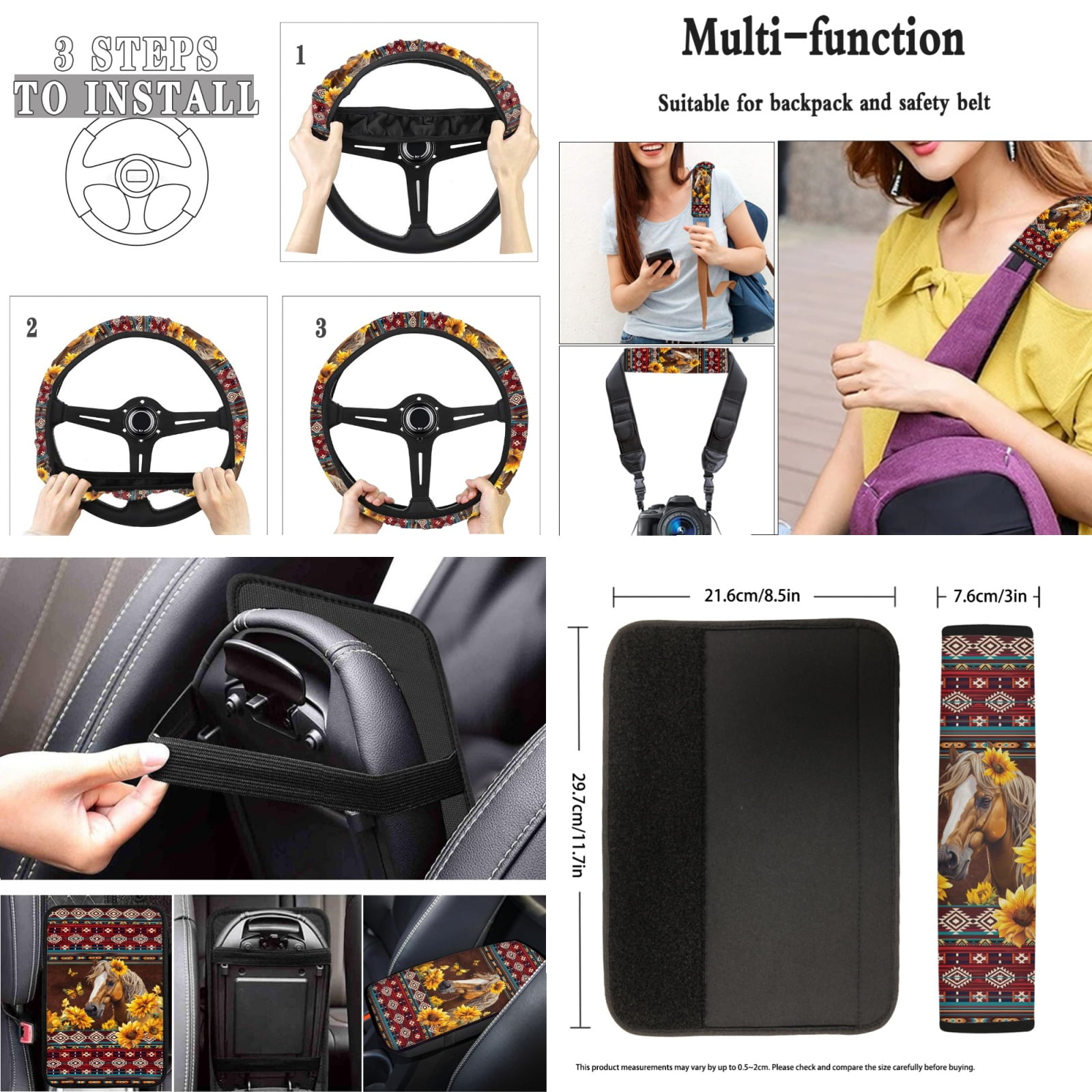 Jeiento Western Horse Car Accessories Sets with Car Seat Covers Car Floor Mats Steering Wheel Cover Seatbelt Pad Auto Armrest Cover Coasters Keychains Lipstick Holder Aztec Interior Decor 17 Pack