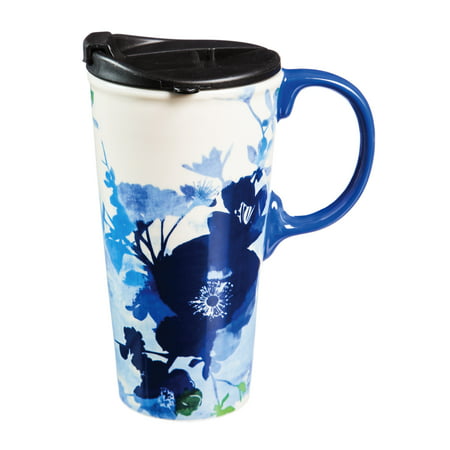 Cypress Home Ceramic Bella Blue Travel Coffee Mug, 17