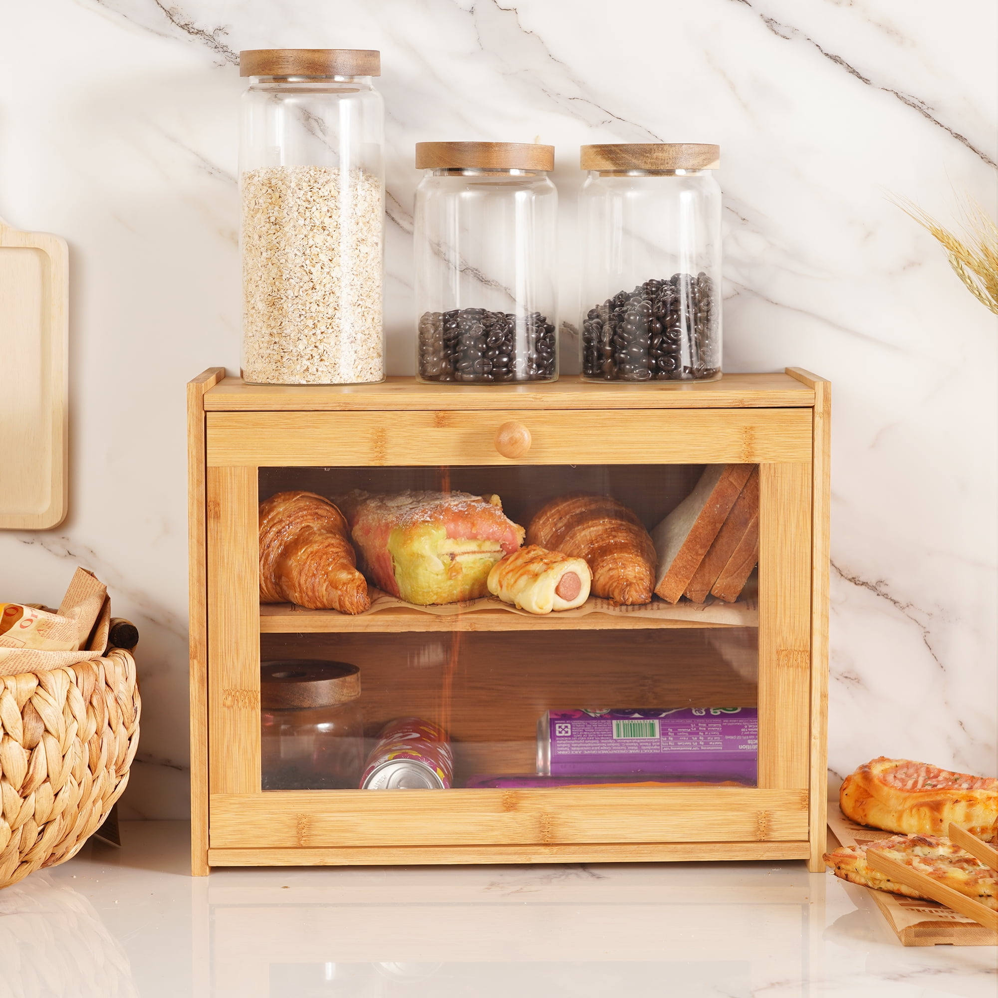 Roll Top Bread Box Bamboo Storage Bin Kitchen Large Capacity Bread Keeper Fully Assembled 2- Layer 