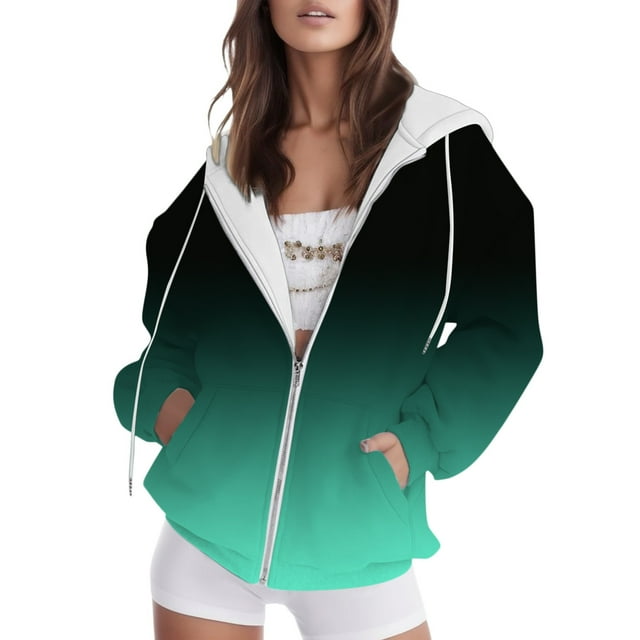 Hoodie Women Gradient Print Zip Up Drawstring Hoodie with Front Pocket Fall Simple Casual Hooded Sweatshirt Oversize Sweaters for Women Mint Green XXL