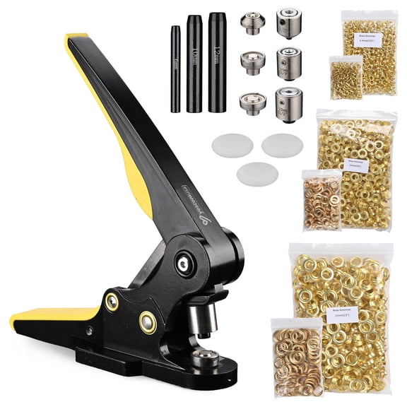 Yescom 7/32" 3/8" 1/2" Grommet Tool Kit 900 sets of Rust-Proof Eyelets and Washers #0 #2 #4 3-die Hand Press Machine and Hole Cutter