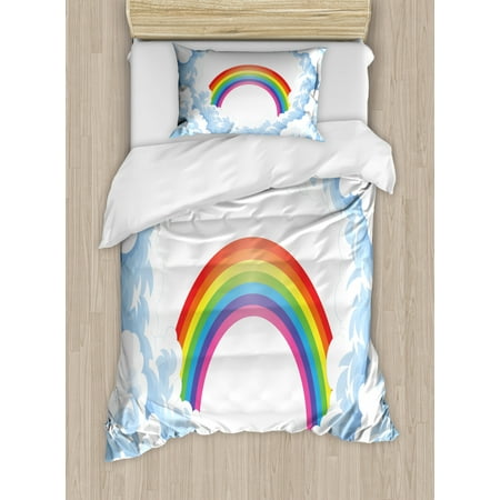 Cartoon Duvet Cover Set Rainbow Above Fluffy Cute Romantic Clouds