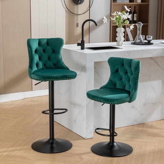 Modern Green Velvet Bar Stools - 2-Pack with Adjustable Height and 17.7inch Base for Home Pub and Kitchen Island