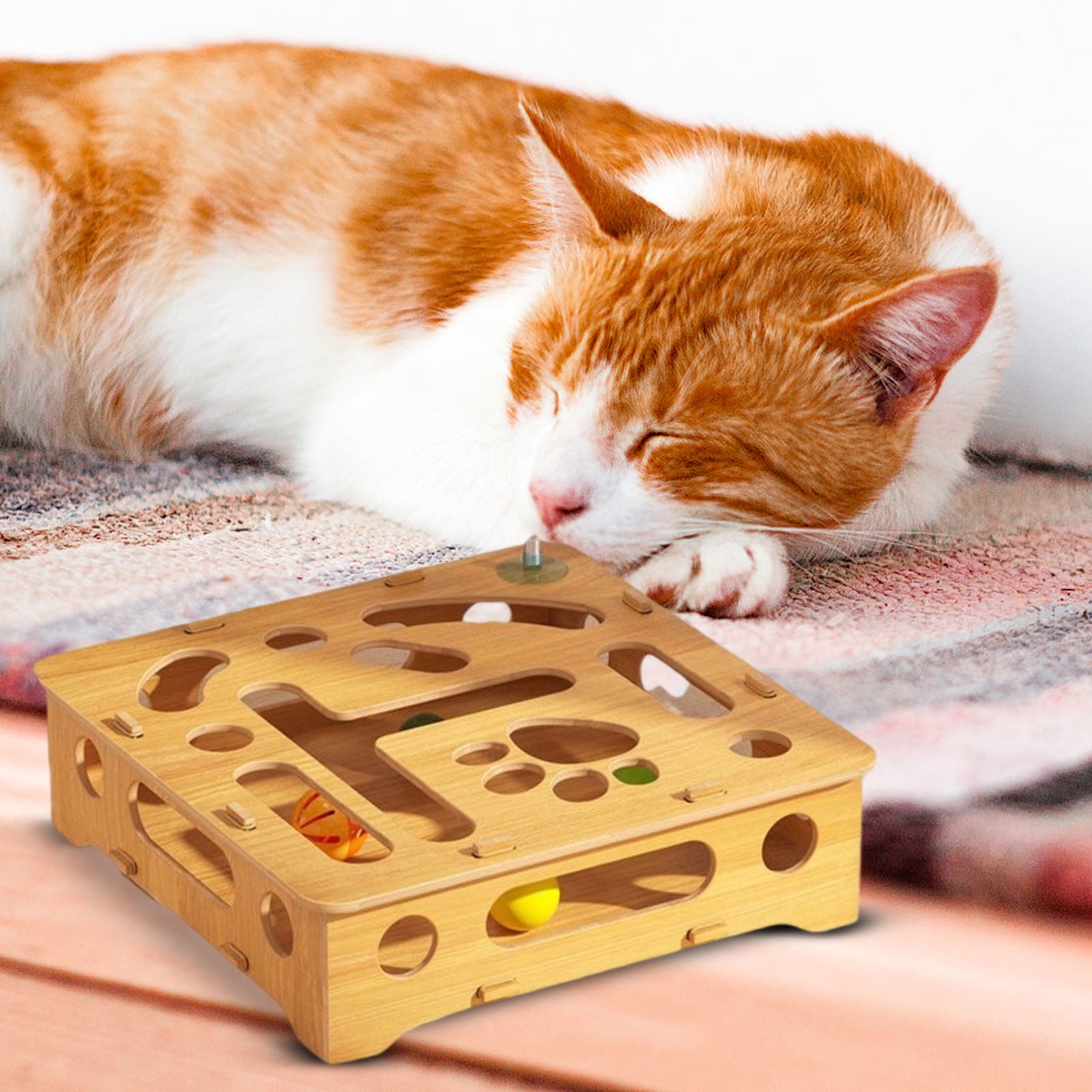 Interactive Cat Toy - Scratch Puzzle Enrichment Box with Bells, Stress Relief for Cats, Interactive Puzzle Game for Indoor Cats (1 Maze Box + 2 Bell Balls)