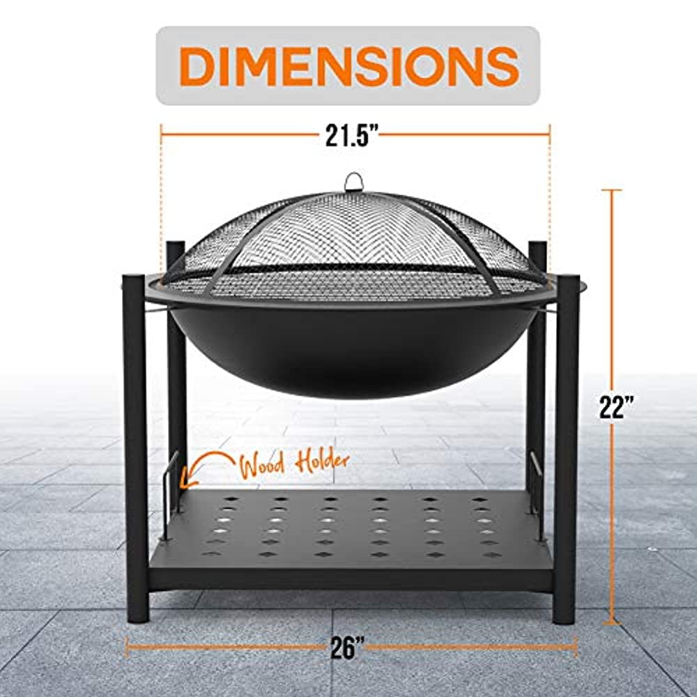 SereneLife Outdoor Wood Fire Pit - Steel BBQ Grill Fire Pit Bowl with Mesh Spark Screen, Cover Log Grate, Wood Fire Poker for Camping, Picnic, & Bonfire