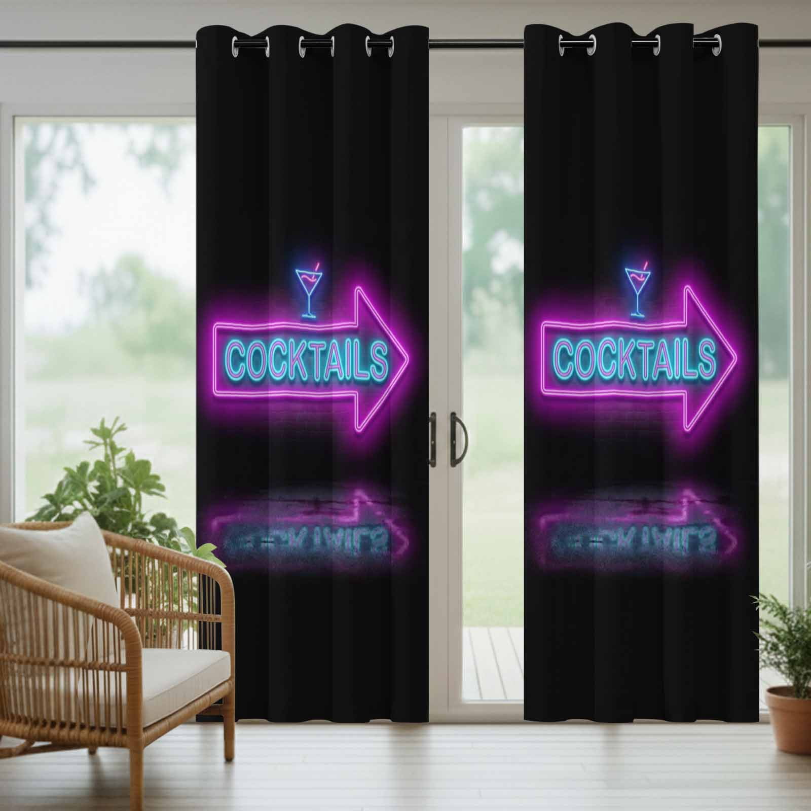 Cocktails Neon Arrow Outdoor Curtains for Patio, Modern Bar Style Blue Purple Cocktails Sign Sunshade Privacy Drapes Grommet Waterproof Outside Curtains for Porch/Cabana/Balcony 54"x 108", 1 Panel