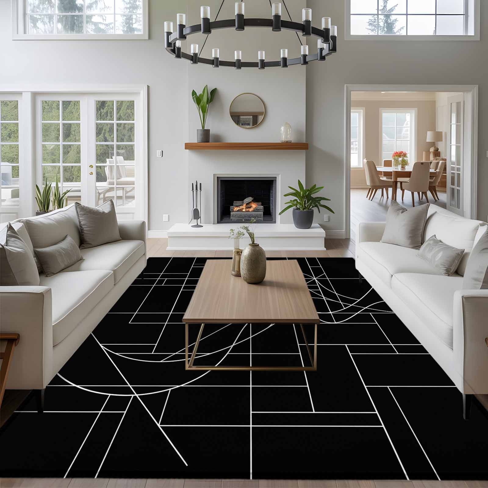 Black Striped Geometric Area Rugs 6'x9', Washable Small Throw Rugs for Kitchen Dining room, Modern Abstract Art Stripes Indoor Outdoor Rug Non-Slip Low Pile Carpet Runner Reversible Floor Mats