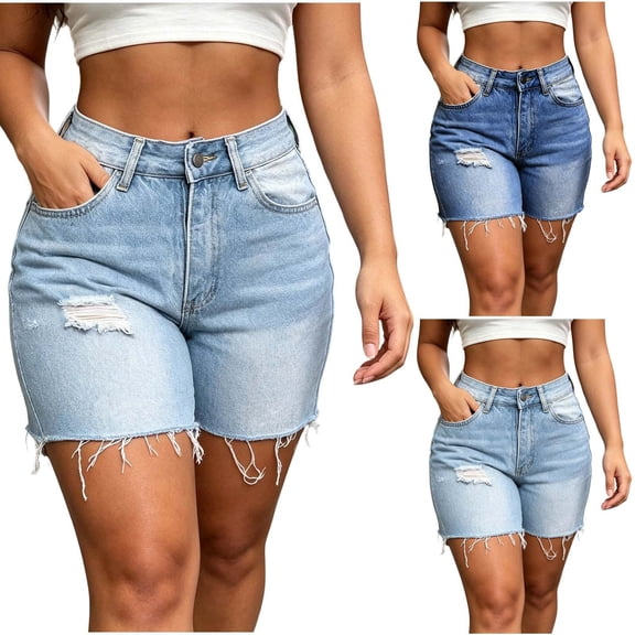 Miqool Women's High Waist Ripped Stretchy Jeans Shorts Frayed Hem Casual Denim Shorts