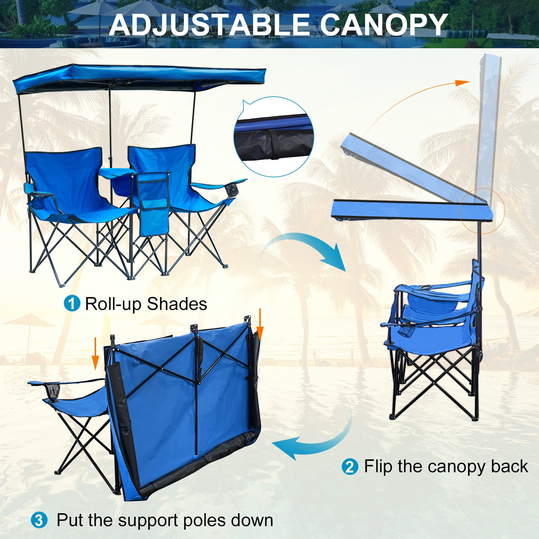 WTVIDAS Double Beach Chair with Canopy Shade Oversized Camping Chairs with Cup Holder Cooler Bag Folding Loveseat Chairs for Camping Beach Lawn