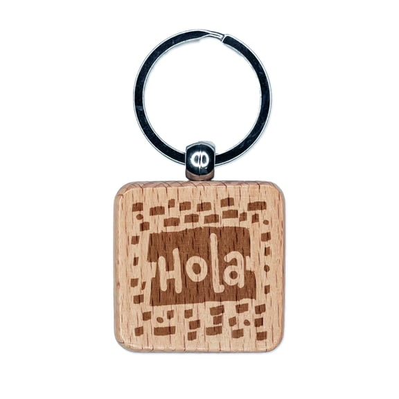 Hola Hello Spanish Doodle Square Keychain Charm Tag - Engraved Wood