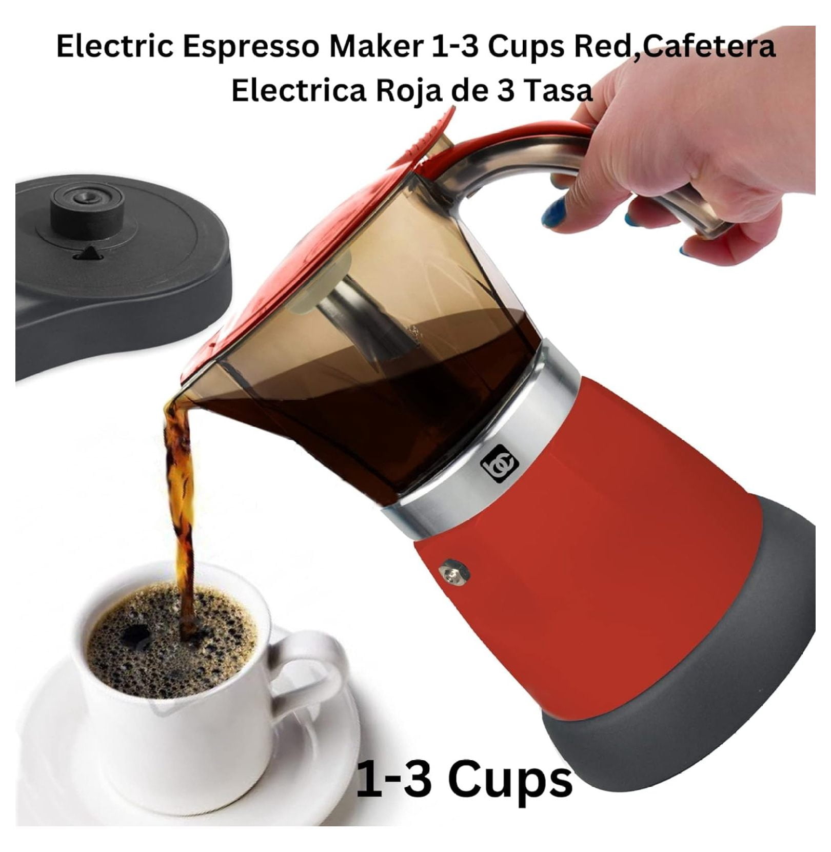 YgIRTID - Electric Espresso Maker 1-3 Cup Red, Cafetera Electrica Roja de 3 Tasa Model BC-95514.