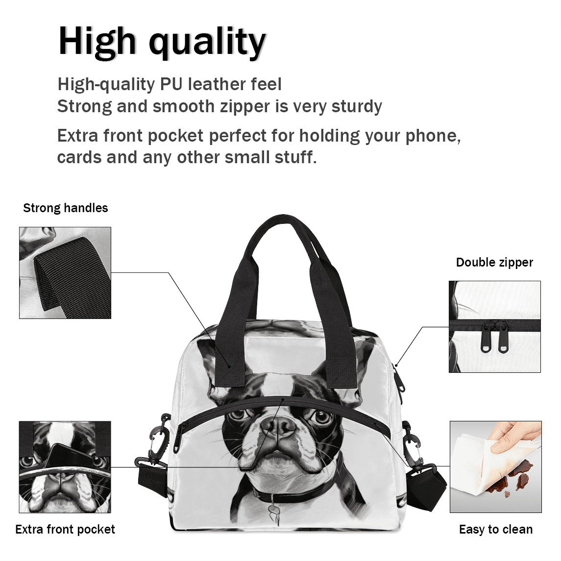 Herdesigns Bostonterrier Dog Insulated Lunch Bag for Women Men Adults Large Reusable Lunch Box Leakproof Portable Cooler Tote Bags with Adjustable Shoulder Strap