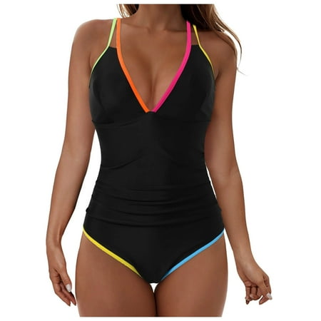 adviicd Tummy Control Swimsuits for Women Color Block One Piece Bathing Suit for Women Tummy Control V Neck Swimsuit Plunge Shell Trim Swimwear Tie Back (Black M)