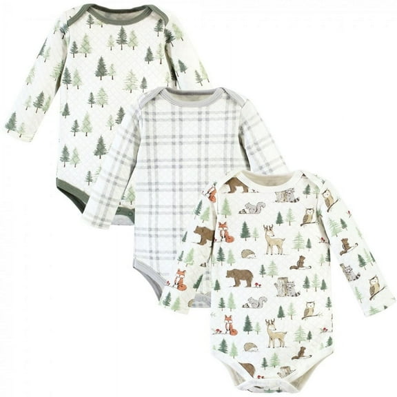 Hudson Baby Unisex Baby Quilted Long Sleeve Cotton Bodysuits, Forest Animals, 0-3 Months