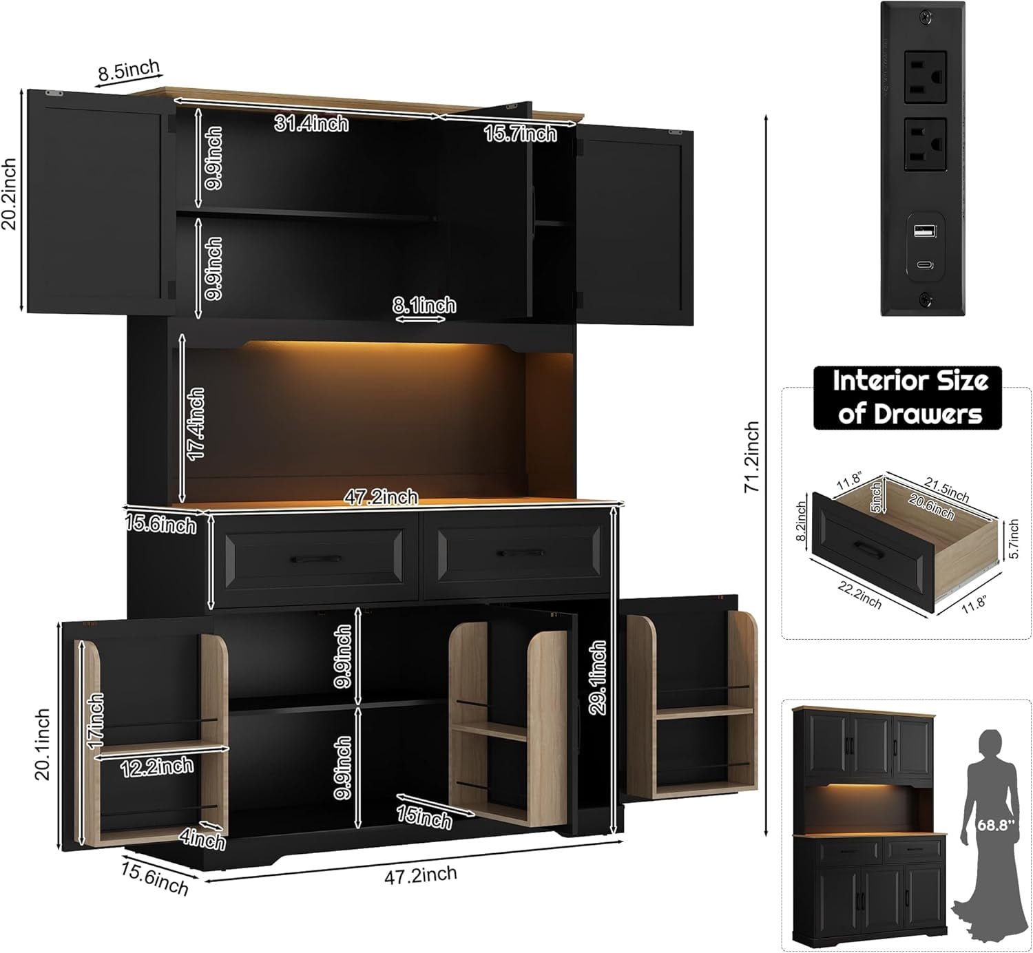 71" Tall Kitchen Pantry Cabinet with 6 Doors Shelves & Led Lights & Charge Station, 47" Wide Freestanding Farmhouse Cupboard with 2 Drawer,6 Doors Storage,Adjustable Shelves,Open Countertop, Black