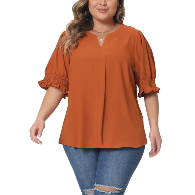 Blusa de chiffon de talla grande para mujer Agnes Orinda, con cuello en V, mangas cortas abullonadas, casual, color naranja, talla 2X