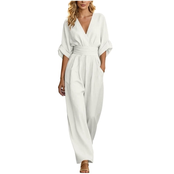 Npasoilc Zipper Tighten Waist V-Neck Five Button Sleeve Wide Leg Long Jumpsuits for Women Solid Color