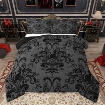 jejeloiu Victorian Baroque Print Bedding Comforter Set,Retro Damask Floral Twin Comforter Sets,Black Cat Kitten Bedding Set For Girls Boys,Uper Cozy Room Decor Reversible,2pcs