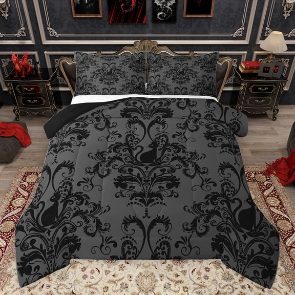 jejeloiu Victorian Baroque Print Bedding Comforter Set,Retro Damask Floral Twin Comforter Sets,Black Cat Kitten Bedding Set For Girls Boys,Uper Cozy Room Decor Reversible,2pcs