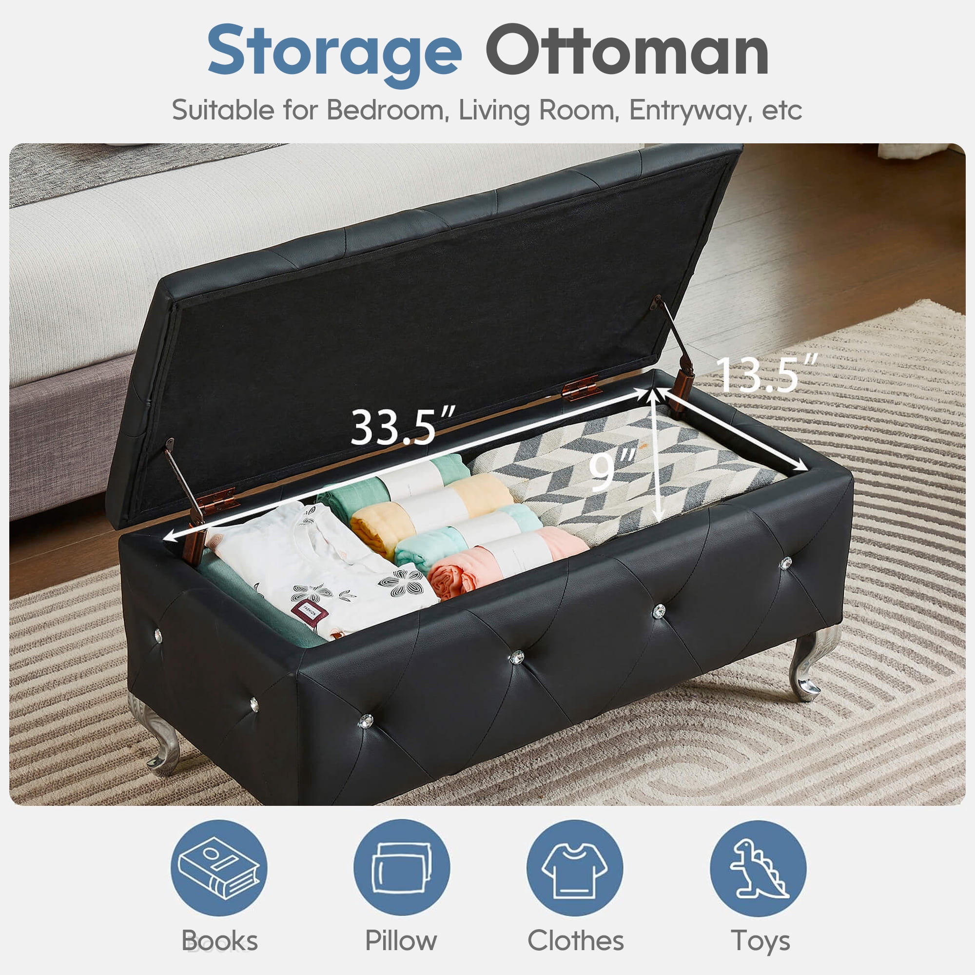 Aukfa Storage Ottoman Bench with Crystal Buttons for Bedroom,Black