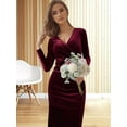 thumbnail image 4 of Womens Elegant Velvet Deep V Neck Wrap Hip Solid Long Sleeve Evening Party Cocktail Prom Gown Long Dress Wine Red L, 4 of 7