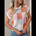 thumbnail image 7 of Womens Summer Crew Neck Cap Sleeve Crop Color Block Knit Short Sleeve Sweater Pink + Orange S, 7 of 7