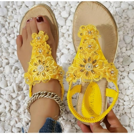 

XWQWJH Thong Sandals for Women Beach Bohemia Floral Flat Sandals T-Strap Summer Beach Glitter Beaded Elastic Flip-Flop Thong Shoes