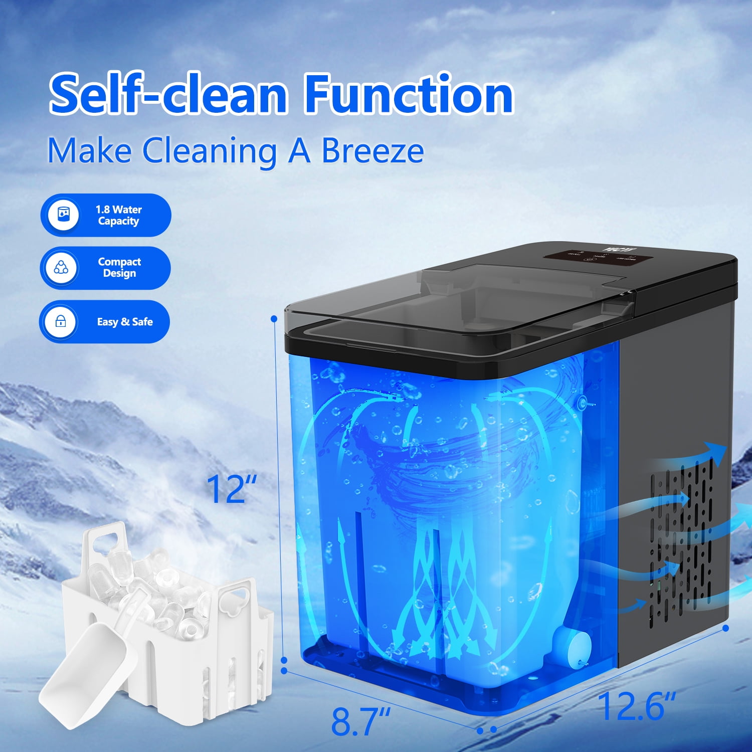 VECYS Ice Maker, 26LBS Daily Production with Self-Clean, Black