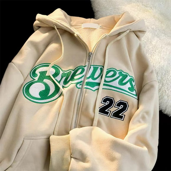 Bmisegm Women's Jacket Zip up Hoodies Hip Hop Sweatshirt Vintage Goth Print Hooded Jacket Street Fashion Unisex Drawstring Sweat Jacket with Hood 90s E Girl Top Jackets for Women Beige M