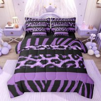 Feelyou Zebra Cheetah Print Twin Bedding Sets 7pcs, Purple Polkadots Bedding Comforter Set