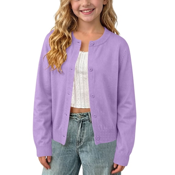 Kids' Solid Color Round Neck Button Cardigan, Long Sleeve Knit Outerwear, Ideal for Daily School Looks and Casual Family Outings, 1-11 Years Purple 8-9 Years