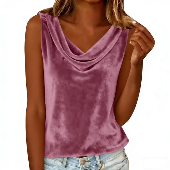 QTBIUQ Womens Velvet Sleeveless Tank Top Cowl Neck Blouse Elegant Dressy Tunic Casual Shirt Pink