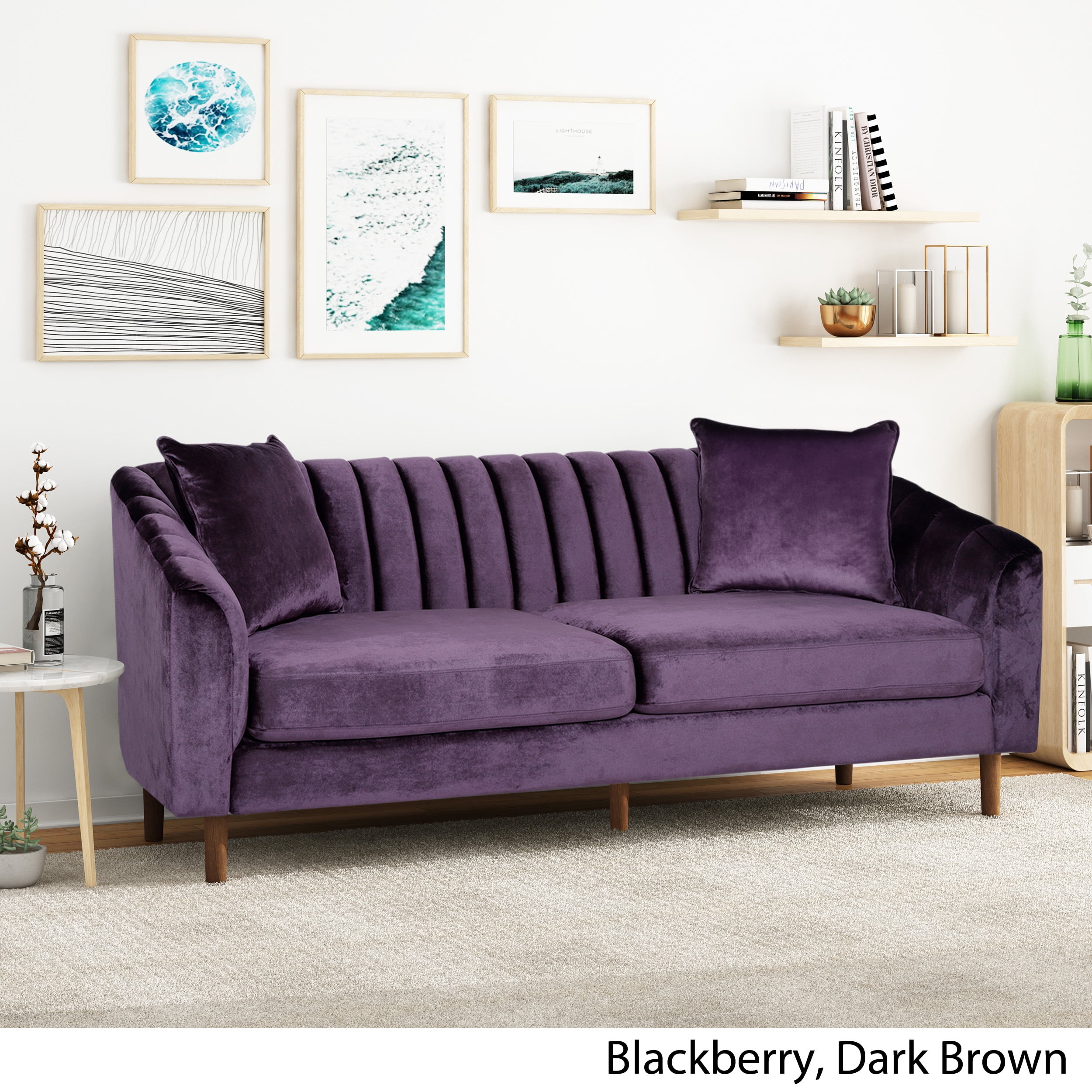 Noble House Currie Tufted Velvet Sofa, Blackberry, Dark Walnut