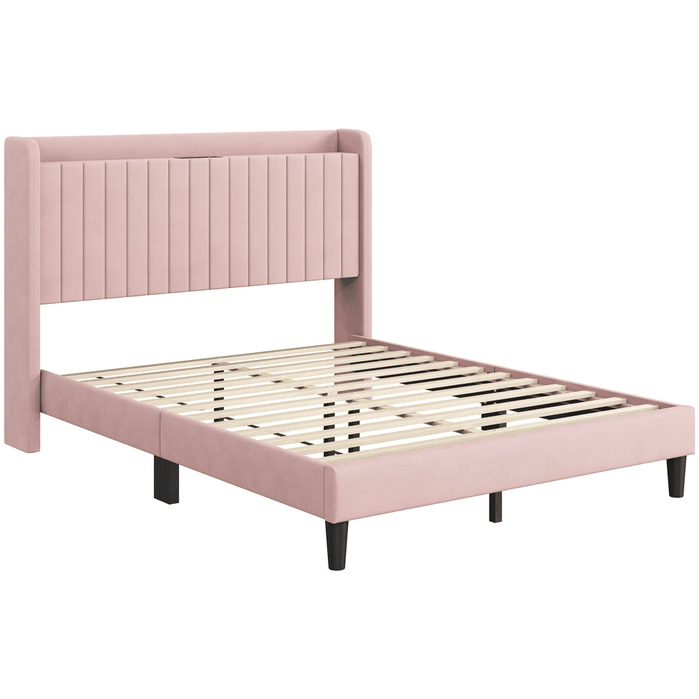 Renwick Upholstered Velvet Bed Frame with Charging Outlets and USB Ports, Queen, Pink
