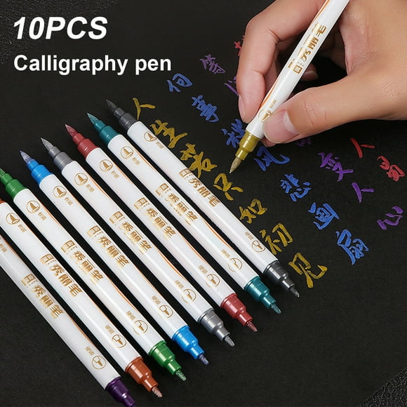 10Pcs Calligraphy Pens Smooth Writing Vivid Color Double Head Design Ultra-Light Excellent Saturation Practicing Calligraphy Plastic Colorful Fine Point Marker Drawing Art Pens for School