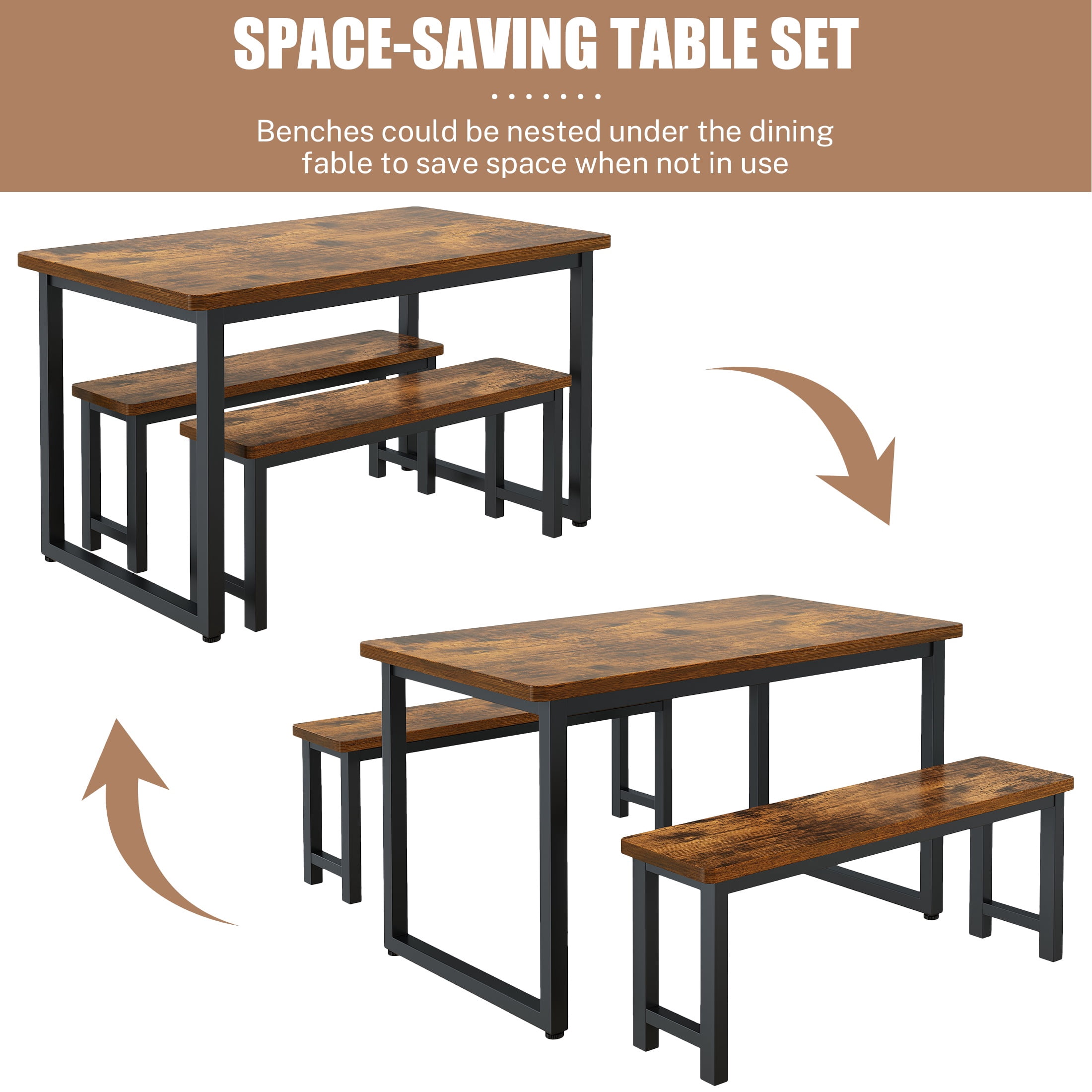 PAPROOS Dining Table Set for 4, 3-Piece Kitchen Table Set with 2 Benches, Dining Room Table Set with Metal Frame, Breakfast Nook Furniture Set for Home Cafeteria Bar Dining Room, Brown