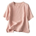 thumbnail image 2 of Short Sleeve Shirts for Women Linen Shirts For Women 2025 Summer Tops Short Sleeve Loose Crewneck Tunic Tees Casual Blouse,Pink Women's Short sleeve T-shirt XXXL, 2 of 3