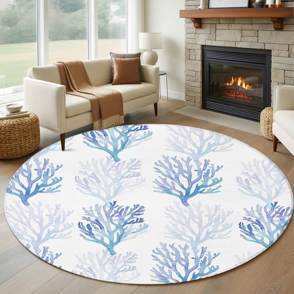 Coastal Blue Coral Round Area Rug 8Ft Washable Large Circle Rugs for Living Room Dorm, Nautical Ocean Seaside Beach Non-Slip Carpet Floor Mats Indoor Outdoor Carpet Runner Aesthetic Home Decor
