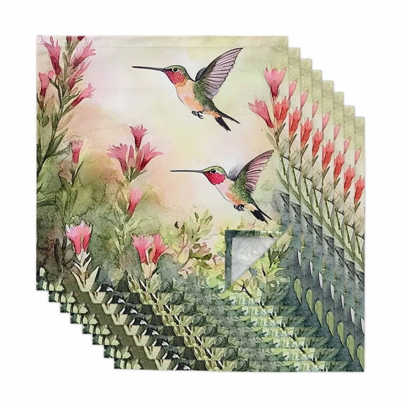 Hummingbird Red Floral Cloth Napkins, Rustic Botanical Green Ombre Washable and Reusable Dinner Napkins Set of 8, Table Napkin for Kitchen Party Birthday Wedding Hotel Housewarming 20"x20"
