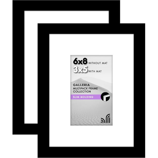 Americanflat 6x8 Picture Frame with Polished Plexiglass - Set of 2 - Use as 3x5 Frame with Mat or Display 6x8 Photo Without Mat - Galleria Collection - Picture Frames for Tabletop and Wall - Black