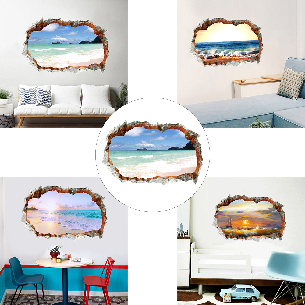 Dream Lifestyle 3D Effect Break Through Wall Sticker Sea Ocean Beach Decal Living Room Decor