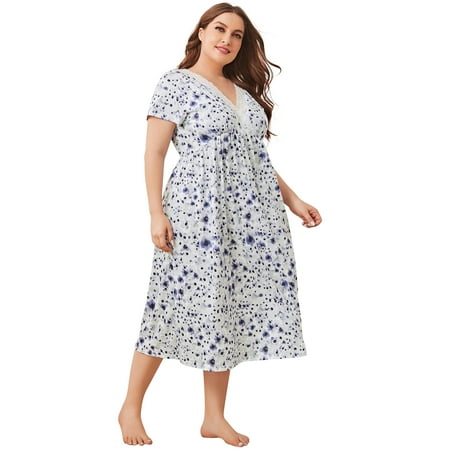 Baywell Women s Plus Size Nightgown Sleepwear Short Sleeve Long Nightdress V Neck Vintage Lace Loose Lounge Dress Oversized Soft Maxi Night Gowns XL-5XL