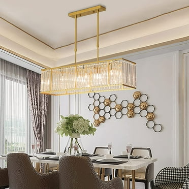 Miumaeov Crystal Pendant Light Vintage 4-Light Rectangular Chandelier Rectangle Ceiling Lamp for Kitchen Island Dining Room Golden with E12 Bulb Base
